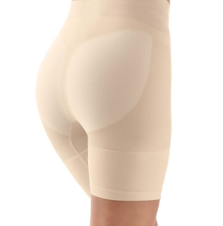 Control Body shaping shorts in nude, high waist, mid-thigh length, seamless design, rear view