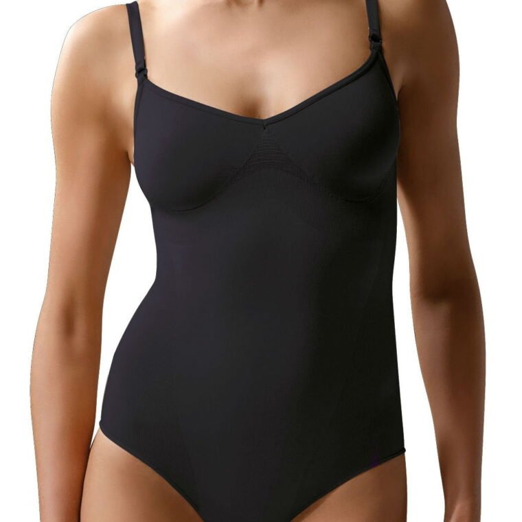 Control Body black shaping bodysuit with adjustable straps and seamless design, shown in a sleeveless style