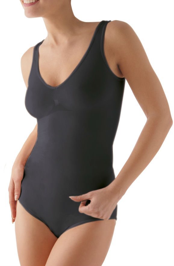 Control Body black sleeveless bodysuit with scoop neckline, shown in L/XL, M/L, S/M sizes