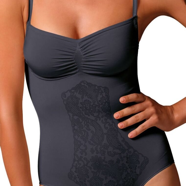 Control Body black body with thin straps and floral lace pattern on front, available in L/XL, M/L, S/M