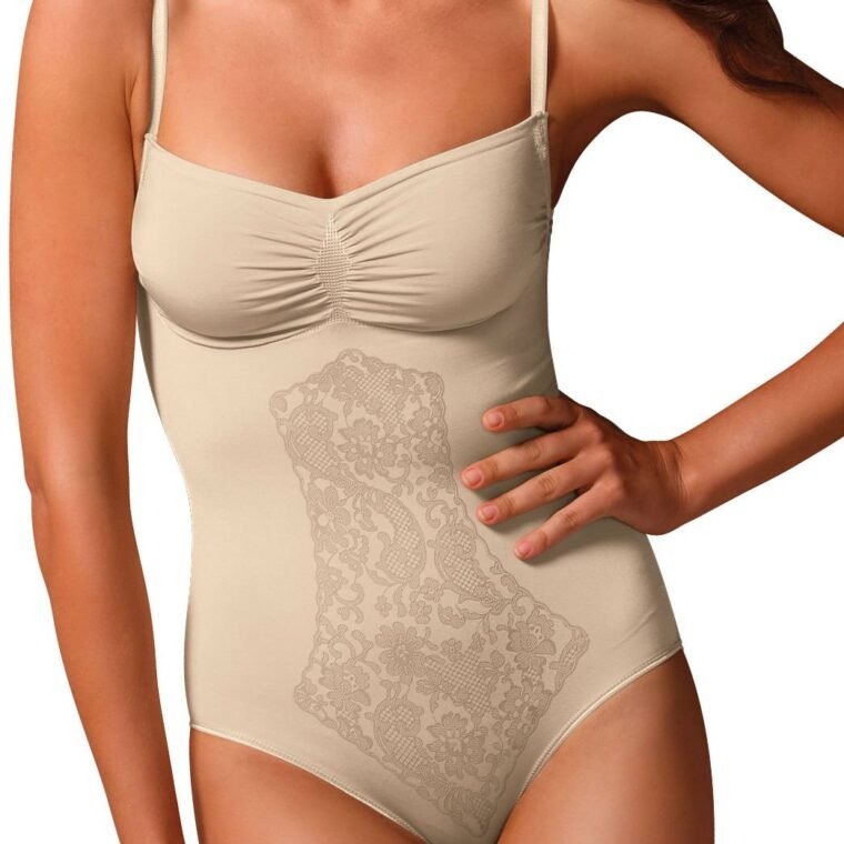 Control Body beige bodysuit with floral lace pattern and adjustable straps, available in L/XL, M/L, S/M
