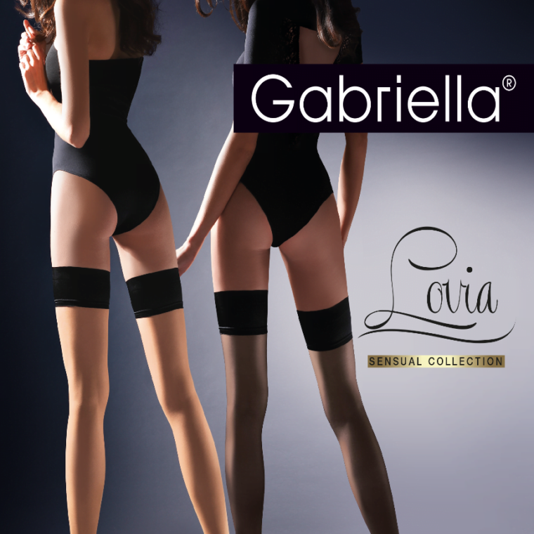 Gabriella Lovia hold ups in beige with wide black bands, worn by two models in black bodysuits and high heels
