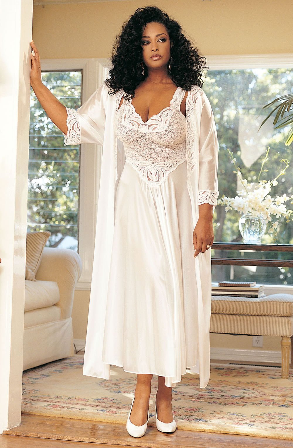 White bridal peignoir gown with lace bodice and matching robe, plus size, Shirley of Hollywood
