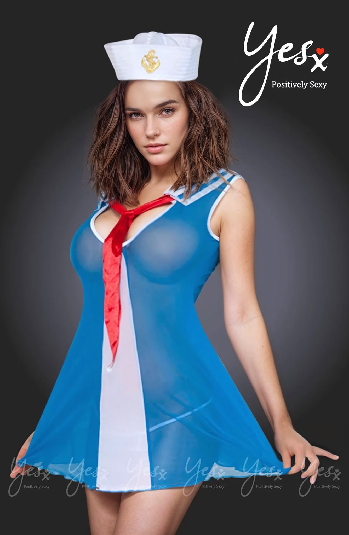 YesX blue and red sailor dress costume with white collar, red tie, and matching sailor hat, size S/M