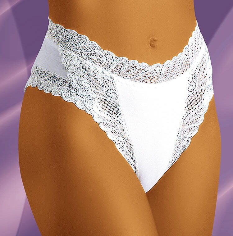 Wolbar Abra white briefs with high waist and decorative lace trim, available in sizes Small to XLarge