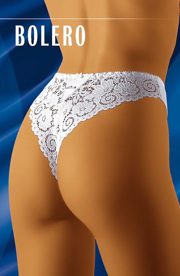 Wolbar Bolero thong with white floral lace design, high-cut style, shown on model against blue background