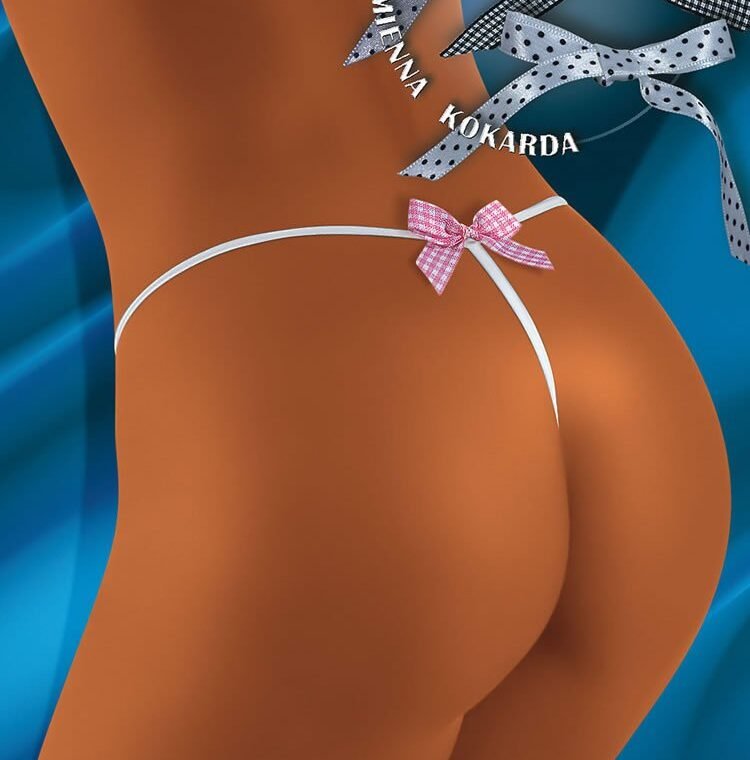 Wolbar Bongo thong with white strap and pink gingham bow, available in multiple sizes