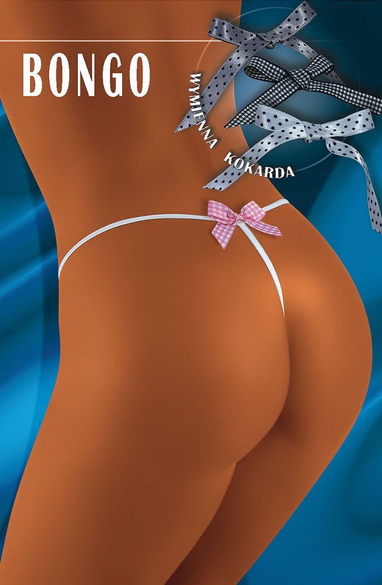 Wolbar Bongo white thong with pink gingham bow, shown on model against blue background