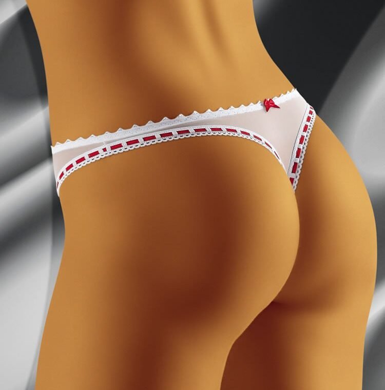Wolbar Carimbo white thong with red ribbon detail and decorative trim, shown from rear view