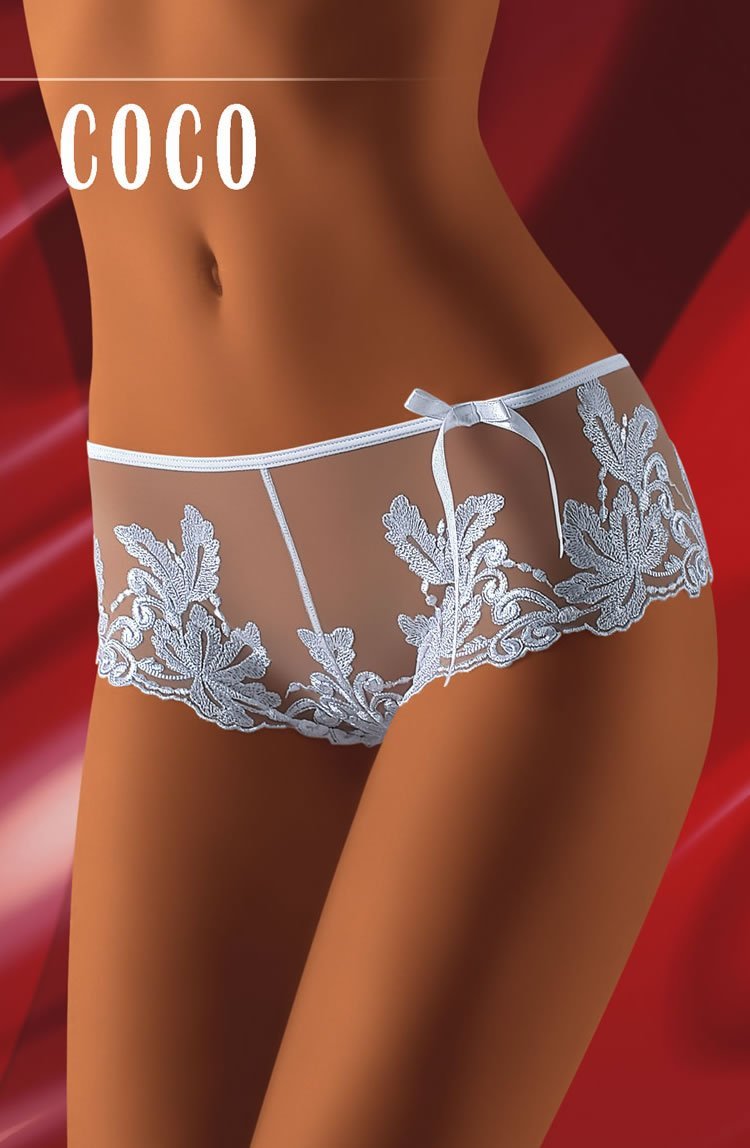 Wolbar Coco sheer shorts with white floral lace and bow detail, available in large, medium, small