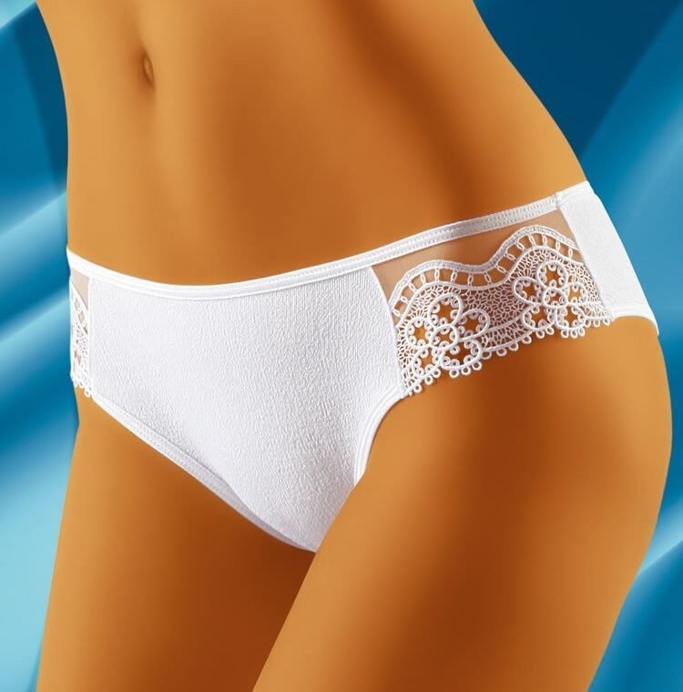Wolbar Demi white briefs with textured fabric and lace side panels, available in sizes small to large