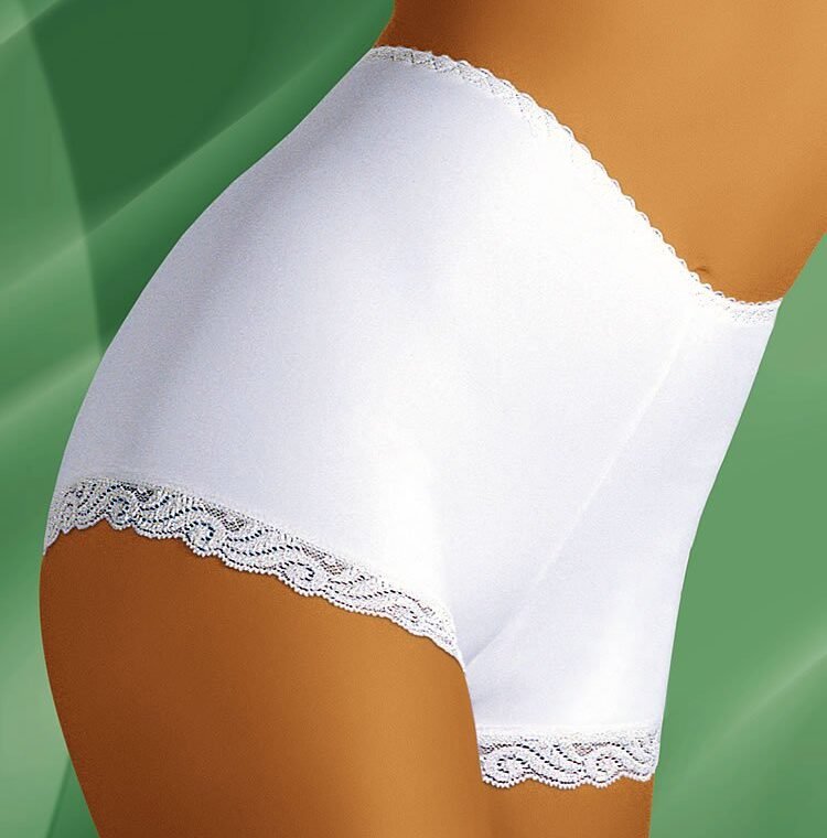 Wolbar Dixi white shorts with lace trim on waistband and leg openings, shown in side view
