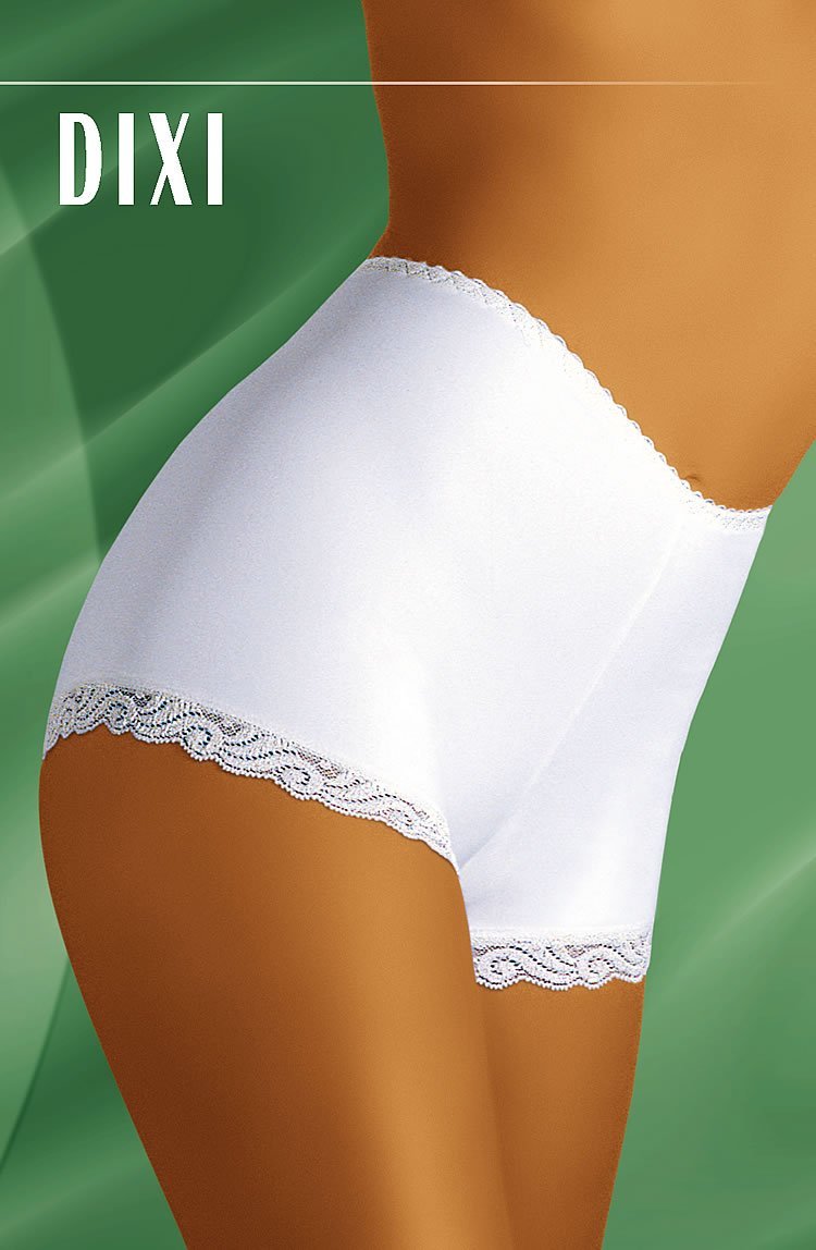 Wolbar Dixi white shorts with lace trim on waistband and leg openings, shown in side view