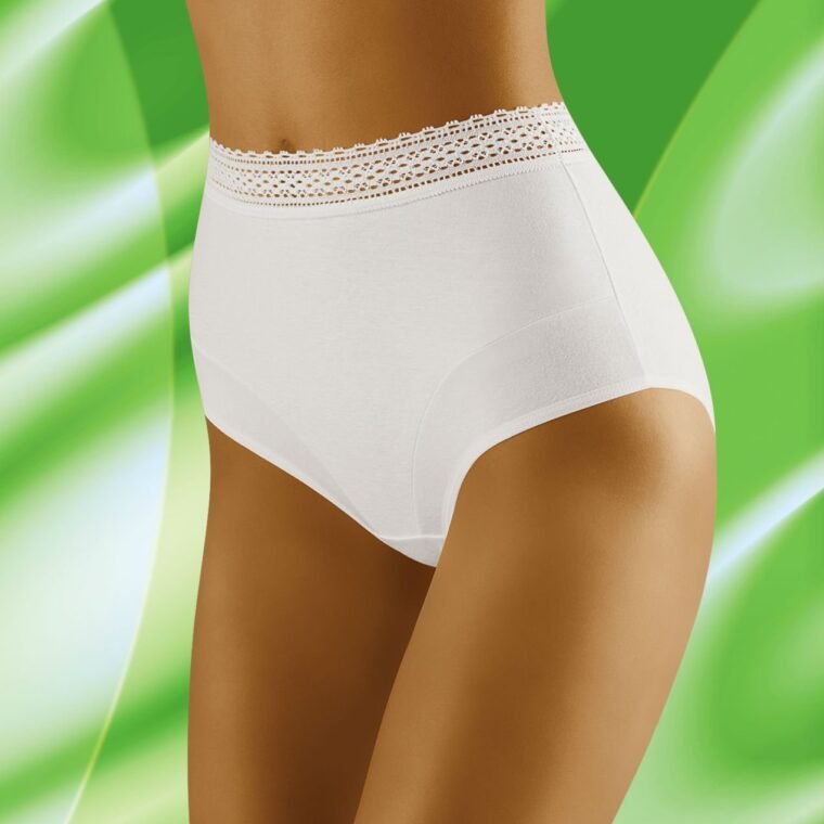 Wolbar Eco-Go white briefs with lace waistband, high-rise fit, shown on model against green background