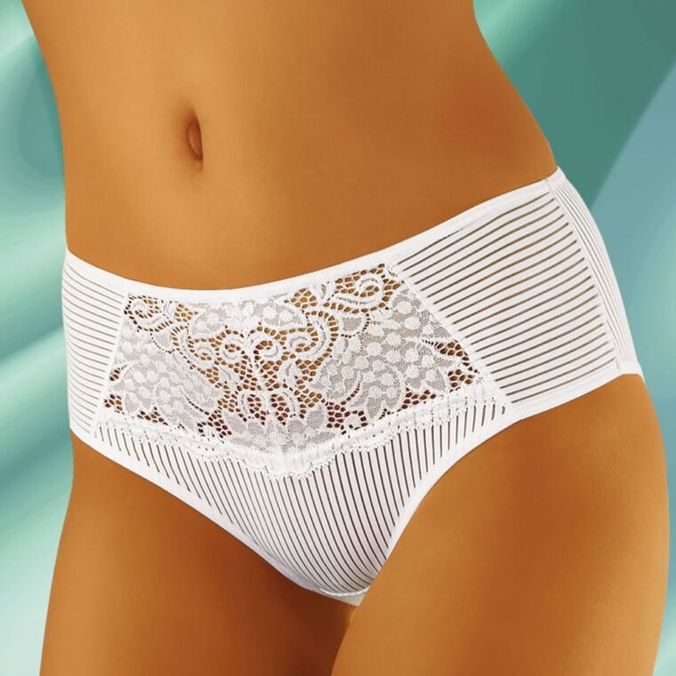 Wolbar white briefs with floral lace front panel and striped side detailing, available in multiple sizes