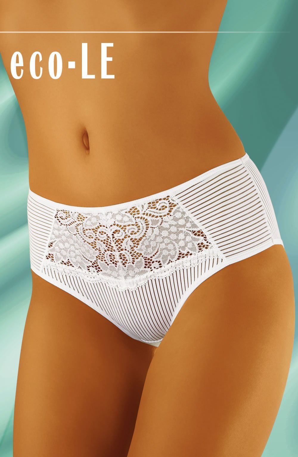 Wolbar white briefs with floral lace front panel and striped side detailing, available in multiple sizes