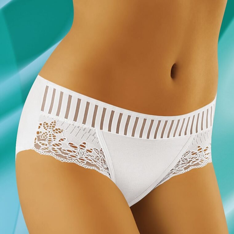 Wolbar eco-LU white briefs with striped waistband and floral lace side panels