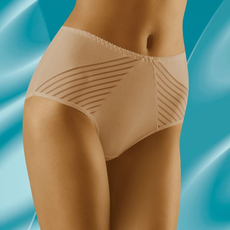 Wolbar Eco-Ma beige briefs with sheer striped panels, high waist design, available in multiple sizes