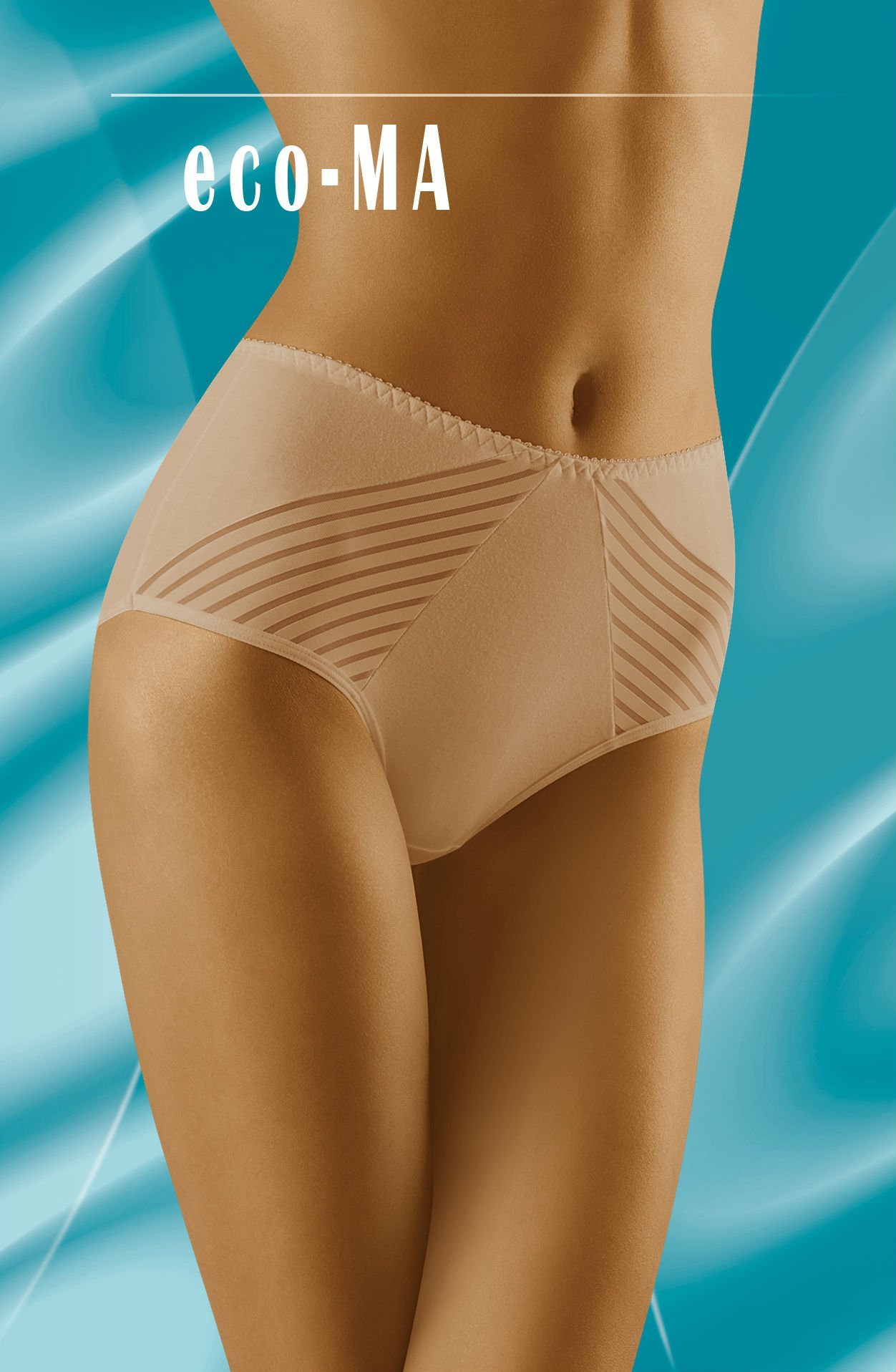 Wolbar Eco-Ma beige briefs with sheer striped panels, high waist design, available in multiple sizes