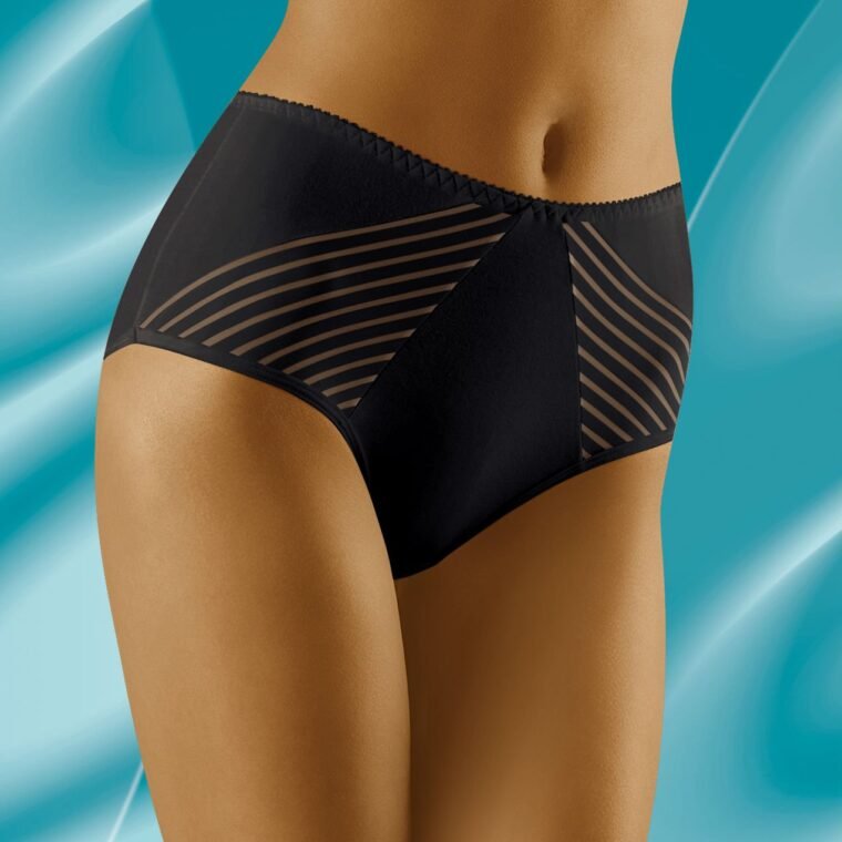 Wolbar black briefs with sheer striped panels, high waist design, shown against blue background