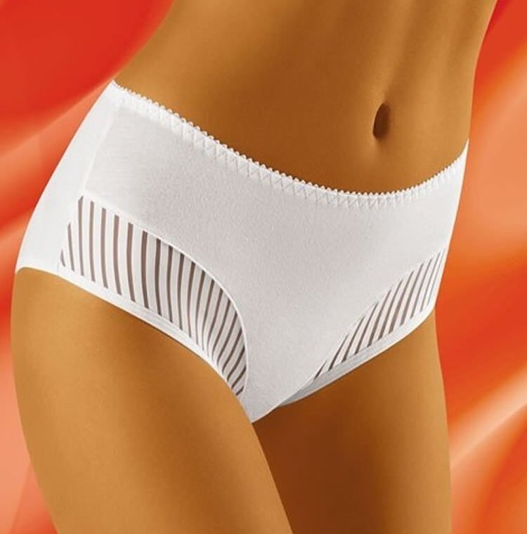 Wolbar eco-QI briefs with high waist and sheer striped side panels, shown in white on model
