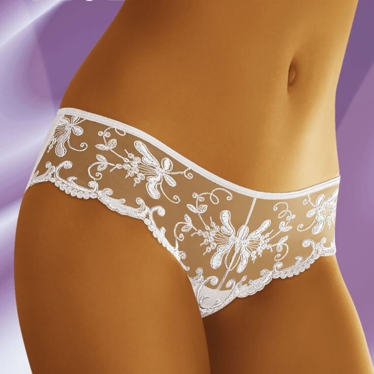 Wolbar Floe briefs with sheer fabric and white floral embroidery, scalloped edges, UK sizes Large to XLarge