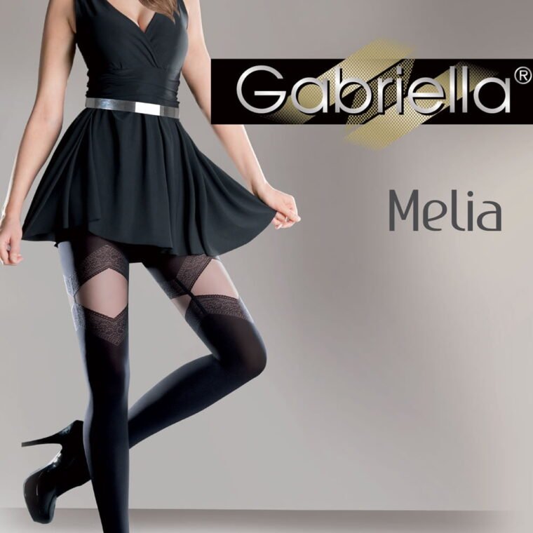 Gabriella Fantasia Melia black tights with geometric sheer and opaque pattern, worn with black dress and heels