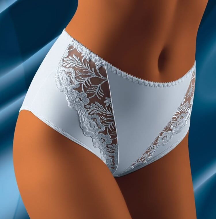 Wolbar Gabe briefs with sheer floral lace panels on sides, high waist design, shown in light color, sizes Large to XXL