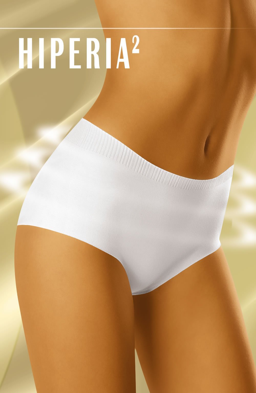 Wolbar Hiperia II white high-waisted briefs with ribbed waistband, shown on model torso