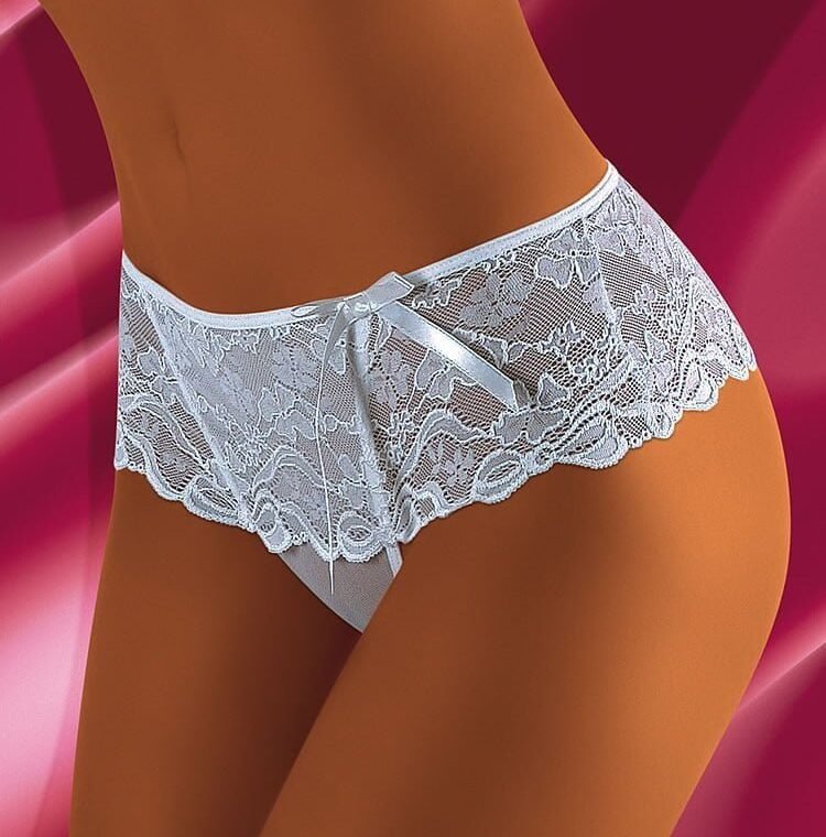 Wolbar white lace shorts with scalloped edges and satin bow detail, available in large, medium, small