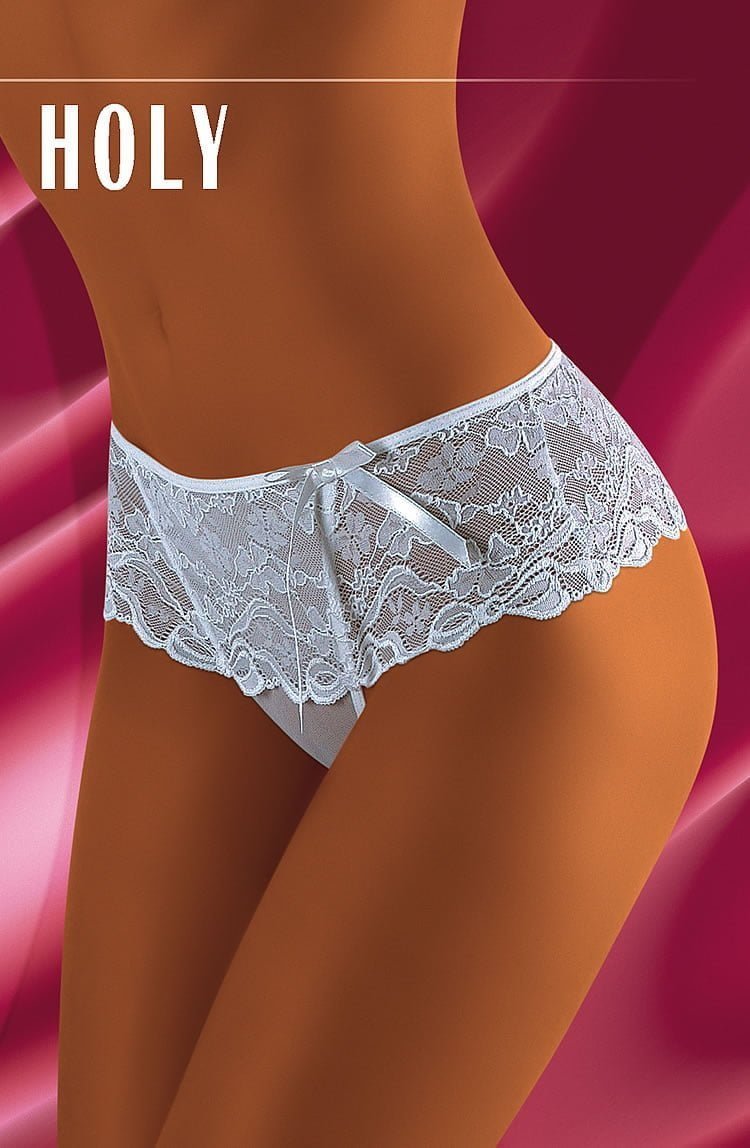 Wolbar white lace shorts with scalloped edges and satin bow detail, available in large, medium, small