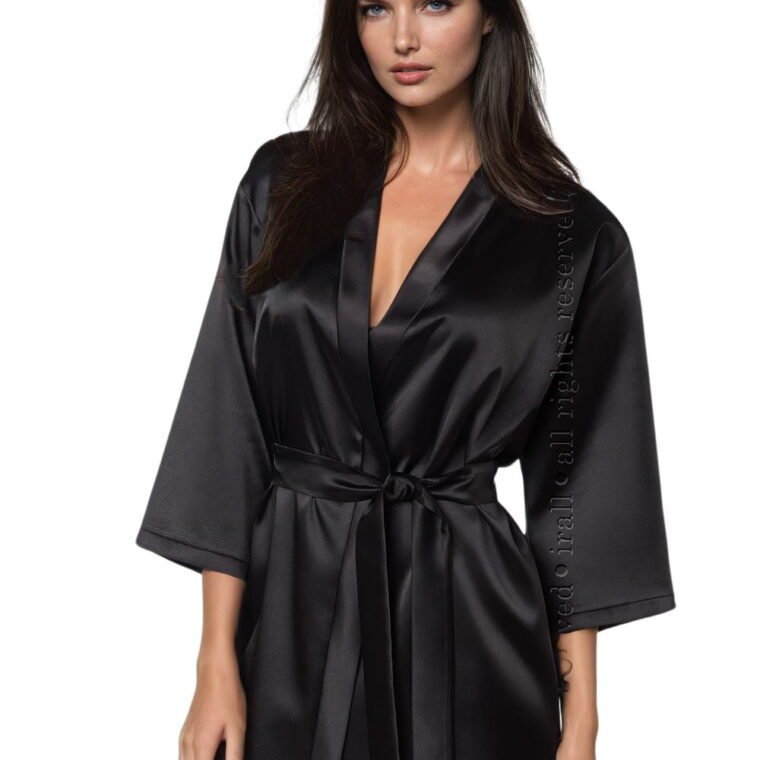 Irall Aria short black dressing gown with a tie waist and three-quarter sleeves, shown on a white background