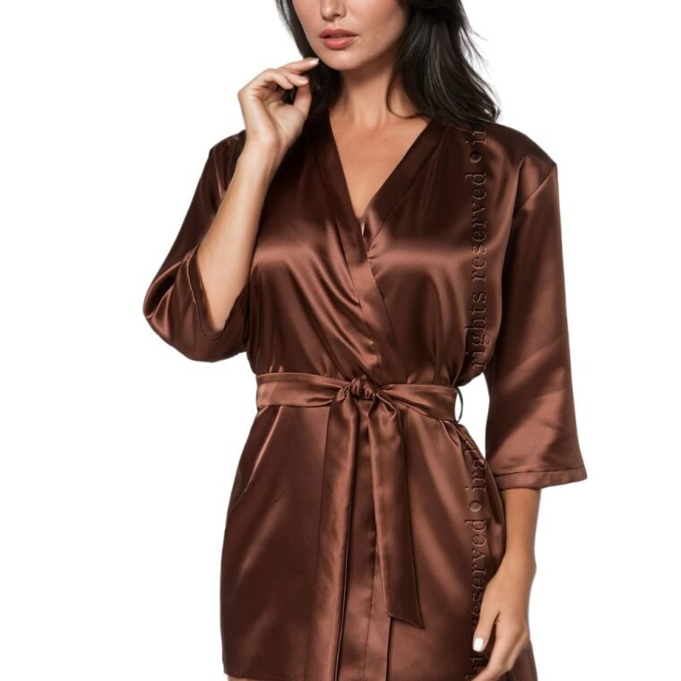 Irall chocolate brown short robe with belt and three-quarter sleeves, available in multiple sizes