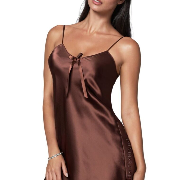 Irall Aria chocolate nightdress with thin straps and front bow detail, available in multiple sizes