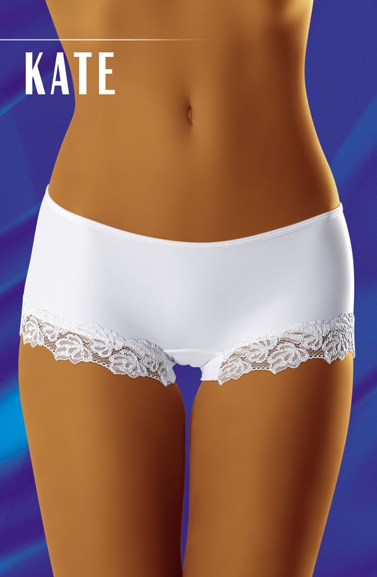 Wolbar shorts with lace trim in white, mid-rise fit, available in large, medium, and small sizes