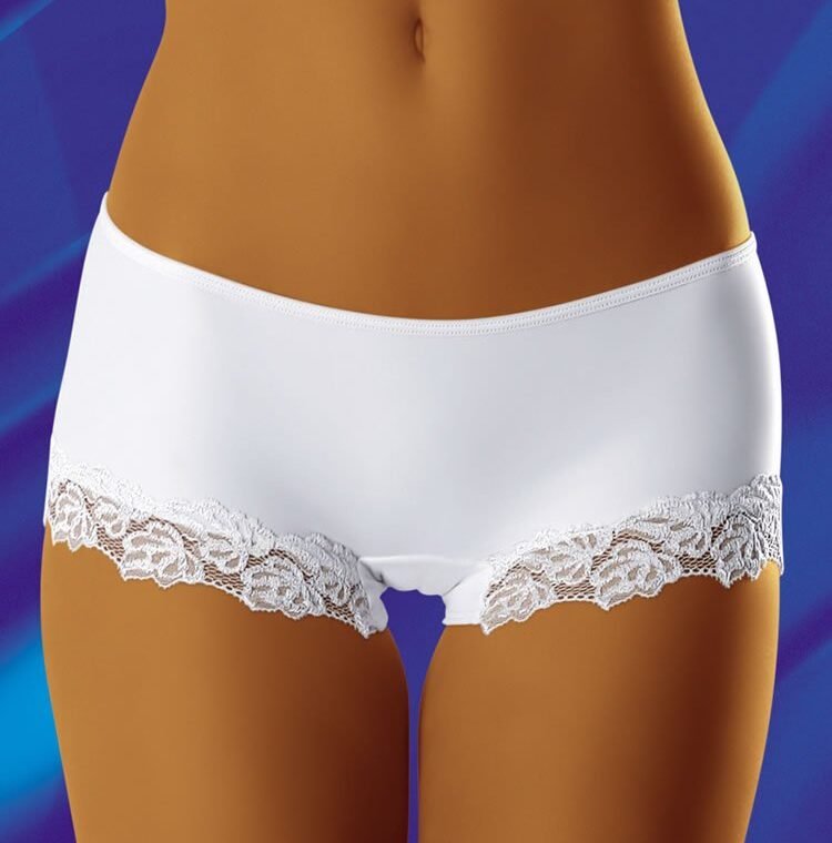 Wolbar white women's shorts with lace trim on the legs, available in small, medium, and large