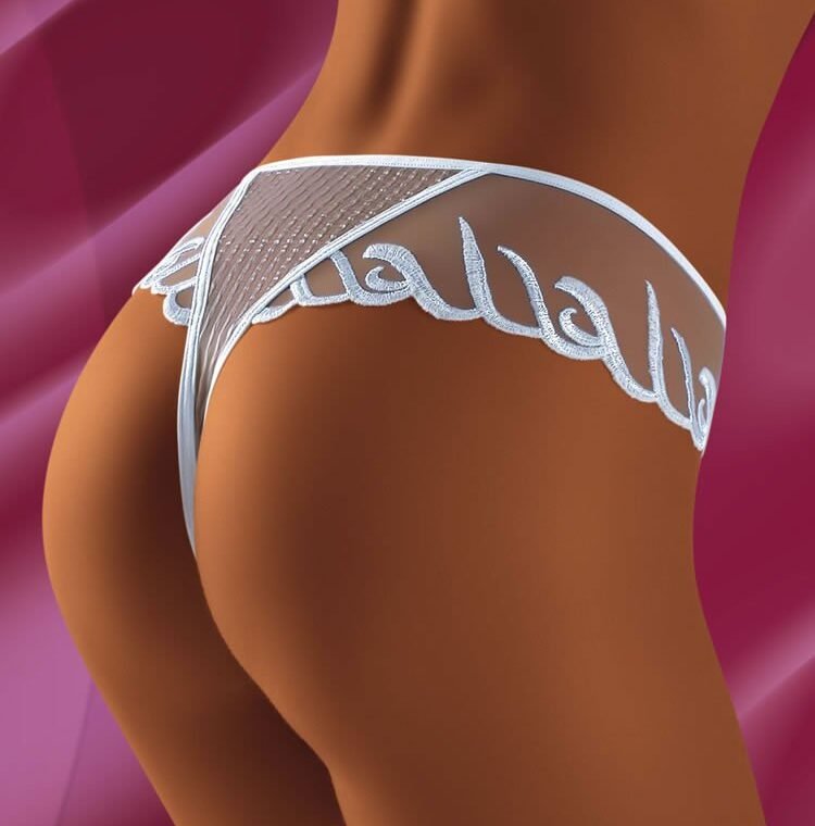 Wolbar Makumba white thong with sheer mesh and decorative embroidery, shown from the back
