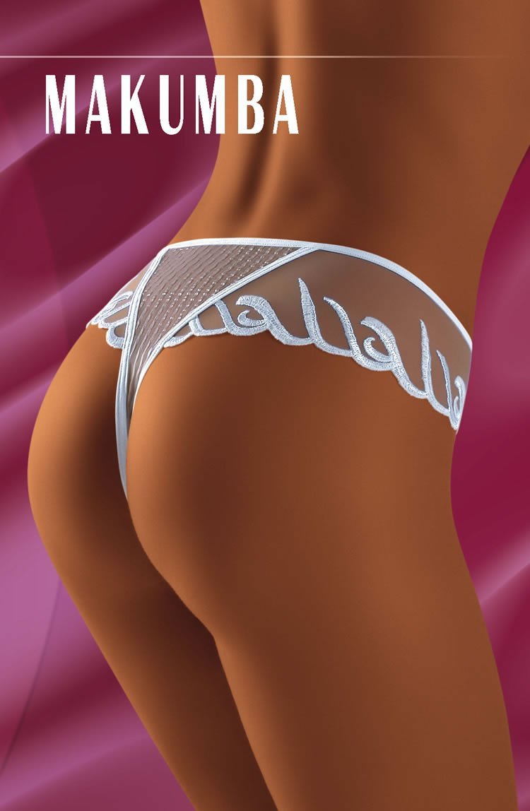 Wolbar Makumba white thong with sheer mesh and decorative embroidery, shown from the back