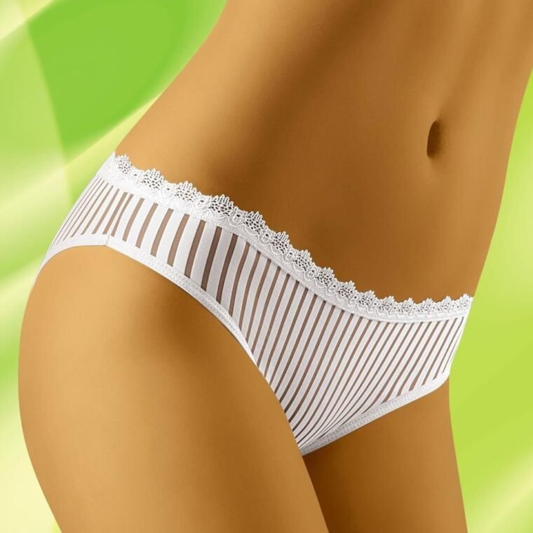 Wolbar white briefs with vertical stripes and lace trim waistband, available in large, medium, small