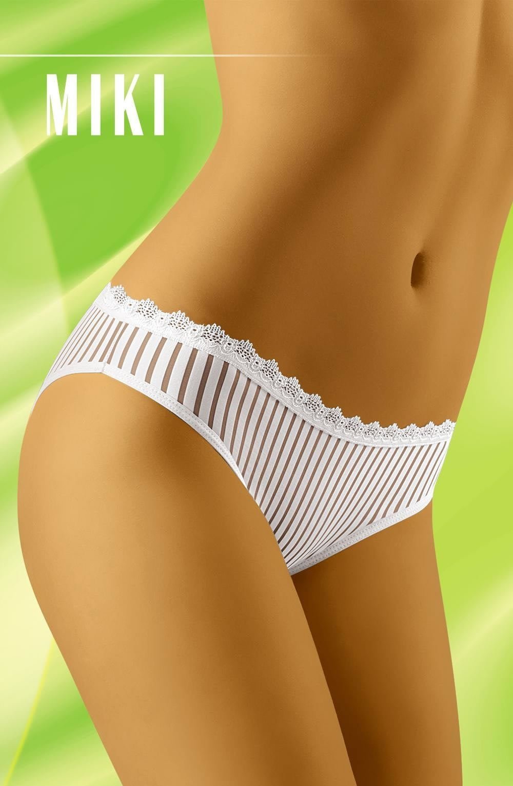 Wolbar white briefs with vertical stripes and lace trim waistband, available in large, medium, small