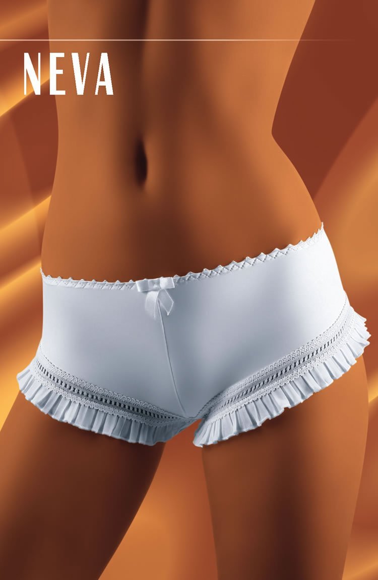 Wolbar Neva shorts with ruffled trim and lace detail, bow accent, available in large, medium, small