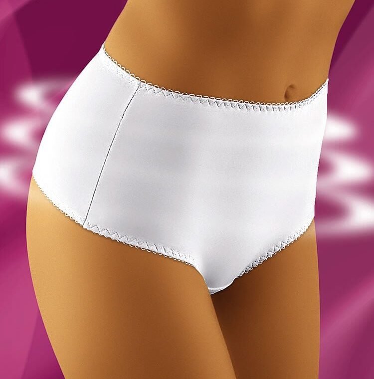 Wolbar Optima white high-waisted briefs with scalloped trim, shown against a purple background