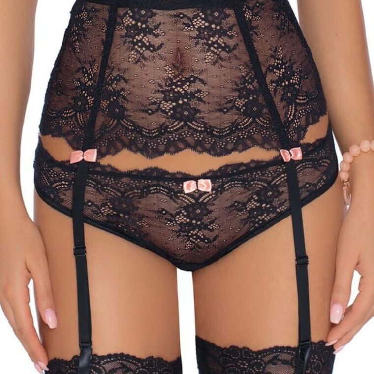 black lace thong with matching garter belt and pink bows, part of bra set, available in multiple sizes