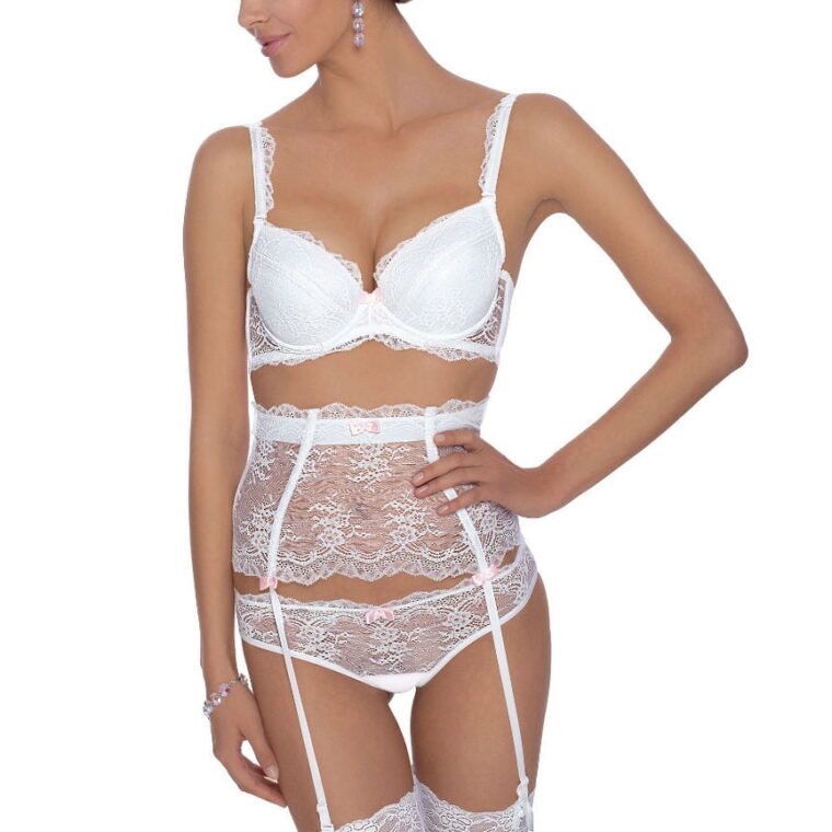 Roza Ambre white lace push up bra set with matching garter belt and lace stockings