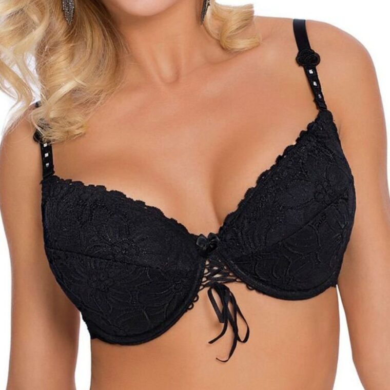 Roza Damaris black lace bra with bow detail and adjustable straps, shown on model