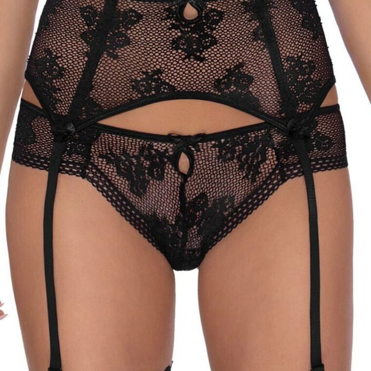 Roza Euterpe black lace thong with floral mesh, keyhole detail, and attached garter straps