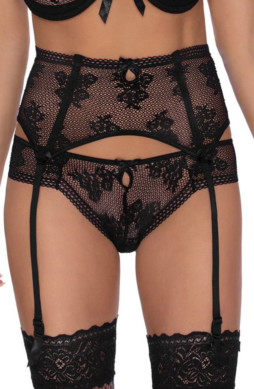 Roza Euterpe black lace thong with floral mesh, keyhole detail, and attached garter straps