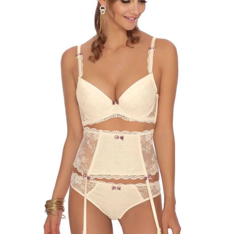 Ivory lace push up bra set with matching garter belt and briefs, featuring bow accents and sheer panels