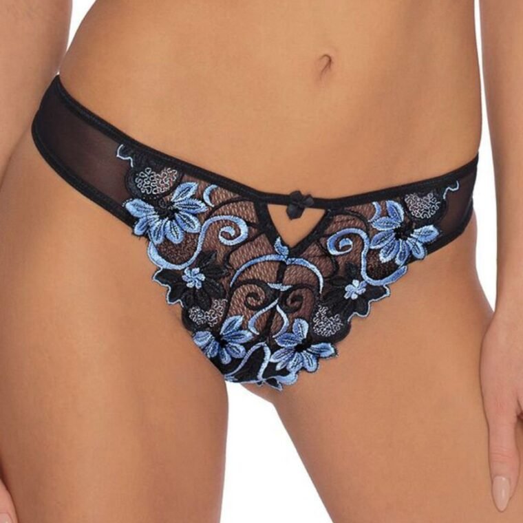 Roza Florence thong with sheer black mesh and blue floral embroidery, front keyhole detail, shown in Bra Sets category