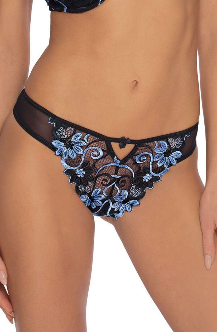 Roza Florence thong with sheer black mesh and blue floral embroidery, front keyhole detail, shown in Bra Sets category